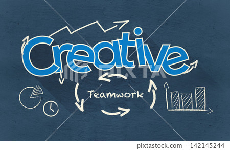 Teamwork, business and creative text or illustration for workflow stats, growth and productivity increase. Art on blue background with pie chart, graphs and arrows for synergy and project management Teamwork, business and creative text or illustration for workflow stats, growth and productivity increase. Art on blue background with pie chart, graphs and arrows for synergy and project management 142145244