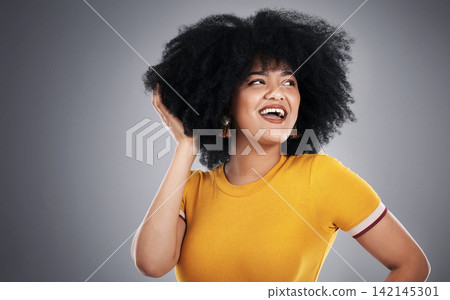 Thinking, woman and decision with smile, solution or problem solving on grey studio background. Person, girl or model with afro, choice or thoughts with promotion for hair care or beauty with student Thinking, woman and decision with smile, solution or problem solving on grey studio background. Person, girl or model with afro, choice or thoughts with promotion for hair care or beauty with student 142145301