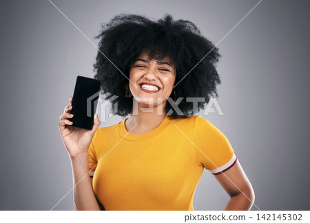 Phone screen, portrait or woman in studio with mockup for social network, search or info on grey background. Smartphone, space or student with streaming app, sign up or upskill elearning subscription Phone screen, portrait or woman in studio with mockup for social network, search or info on grey background. Smartphone, space or student with streaming app, sign up or upskill elearning subscription 142145302