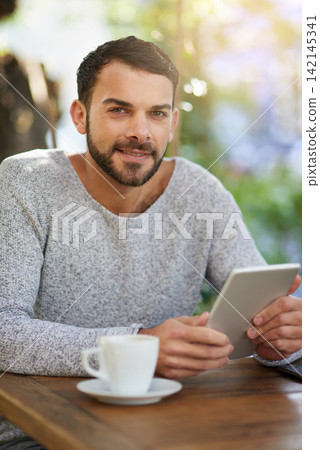 Man, tablet and portrait in cafe with relax, social media app and internet connection for reading online news. Male person, smile and tech in restaurant with coffee, research and lens flare in Brazil Man, tablet and portrait in cafe with relax, social media app and internet connection for reading online news. Male person, smile and tech in restaurant with coffee, research and lens flare in Brazil 142145341