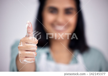 Woman, hands or thumbs up for winning, cleaning or good job isolated in studio or grey background. Smile, soap or female housekeeper showing satisfaction, ok sign or emoji for great service or thanks Woman, hands or thumbs up for winning, cleaning or good job isolated in studio or grey background. Smile, soap or female housekeeper showing satisfaction, ok sign or emoji for great service or thanks 142145377