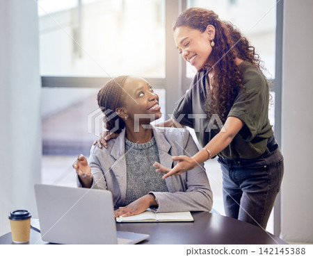 Help, laptop and business woman friends in office for assistance, collaboration or support. Computer, happy or smile with employee discussion or colleague in workplace for online research or teamwork Help, laptop and business woman friends in office for assistance, collaboration or support. Computer, happy or smile with employee discussion or colleague in workplace for online research or teamwork 142145388
