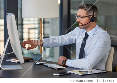 Mature, man and phone a call center to help customer care, feedback or technical support. Professional, crm or contact us for problem solving advice or virtual client chat on computer to consultant Mature, man and phone a call center to help customer care, feedback or technical support. Professional, crm or contact us for problem solving advice or virtual client chat on computer to consultant 142145394