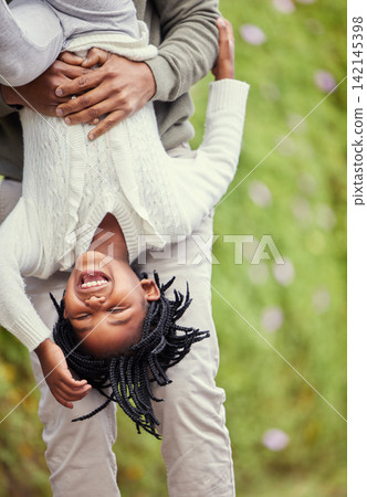 Upside down, father and girl with family in park, game and happiness with fun, cheerful and bonding together. Childhood, outdoor and single parent with daughter, joyful and weekend break with energy Upside down, father and girl with family in park, game and happiness with fun, cheerful and bonding together. Childhood, outdoor and single parent with daughter, joyful and weekend break with energy 142145398