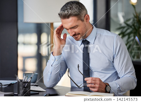 Burnout, headache or stress with business man at desk in office for audit, compliance or tax. Anxiety, depression and mental health with mature employee in pain at corporate or professional workplace Burnout, headache or stress with business man at desk in office for audit, compliance or tax. Anxiety, depression and mental health with mature employee in pain at corporate or professional workplace 142145573