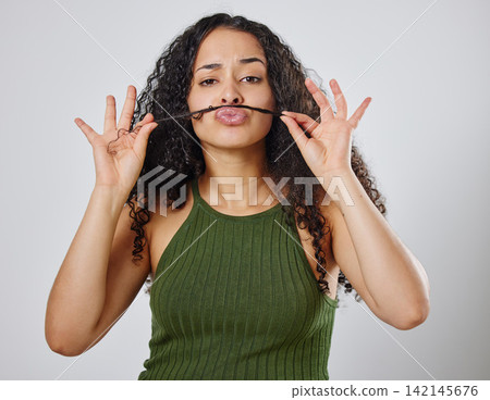 Woman, portrait or hair mustache in studio for wellness, cleaning or shampoo cosmetics on white background. Haircare, joke or funny beauty comic, cosmetology and texture, growth or curly satisfaction Woman, portrait or hair mustache in studio for wellness, cleaning or shampoo cosmetics on white background. Haircare, joke or funny beauty comic, cosmetology and texture, growth or curly satisfaction 142145676