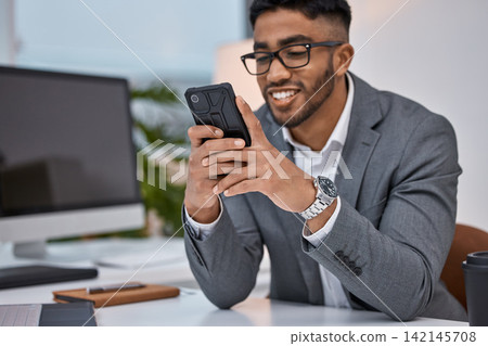 Man, phone and networking in office, employee and email app for business contact or typing. Male person, glasses and online for research in workplace, lawyer planning and internet for legal website 142145708