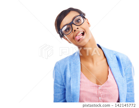 Tongue out, funny and portrait of black woman in studio with glasses for trendy, stylish and cool fashion. Goofy, mockup and female person with silly face expression isolated by white background. Tongue out, funny and portrait of black woman in studio with glasses for trendy, stylish and cool fashion. Goofy, mockup and female person with silly face expression isolated by white background. 142145772