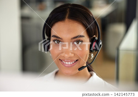 Happy, woman and face at call centre for telemarketing, customer service and client assistance in closeup. Excited, female consultant and headphones for technical support with communication and trust Happy, woman and face at call centre for telemarketing, customer service and client assistance in closeup. Excited, female consultant and headphones for technical support with communication and trust 142145773