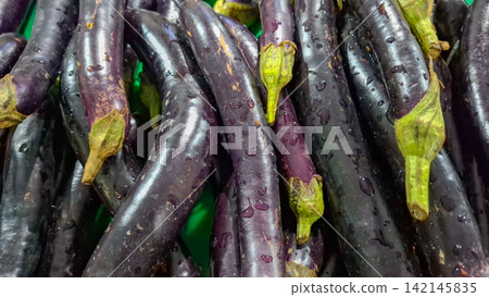 Fresh Purple Eggplants with Water Droplets Fresh Purple Eggplants with Water Droplets 142145835