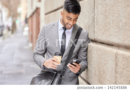 Coffee, smile and businessman with phone in city for social media, travel and salesman reading email on internet. Mobile, drink and professional in street online, website and network on news app 142145886