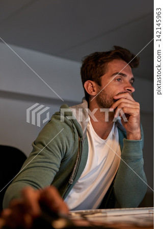 Man, computer and office for overtime, thinking and burnout for small business startup. Web designer, stress and technology with workplace, night and working with email for website issue or mistake Man, computer and office for overtime, thinking and burnout for small business startup. Web designer, stress and technology with workplace, night and working with email for website issue or mistake 142145963