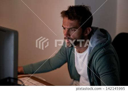 Remote work, worry and man thinking with computer in home office for glitch, 404 or scam alert. Freelance, pc and writer reading, newsletter and fake news research for celebrity, gossip or article Remote work, worry and man thinking with computer in home office for glitch, 404 or scam alert. Freelance, pc and writer reading, newsletter and fake news research for celebrity, gossip or article 142145995