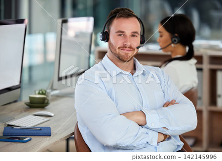 Call center, portrait and confident business man in office for support, help and customer service. Face, telemarketing and professional consultant with arms crossed for coworking, crm and contact us 142145996