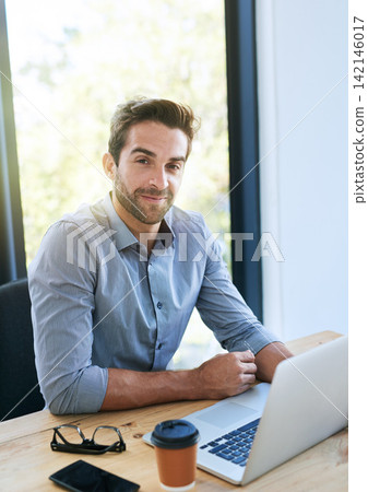 Portrait, business man and laptop in desk at office with pride in startup company as legal advisor. Entrepreneur, table and happy as lawyer at law firm for career, job and opportunity with growth Portrait, business man and laptop in desk at office with pride in startup company as legal advisor. Entrepreneur, table and happy as lawyer at law firm for career, job and opportunity with growth 142146017