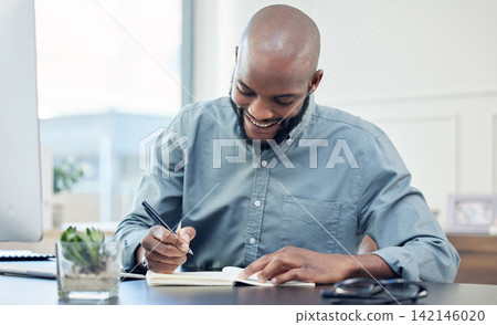 Businessman, office and notebook with smile with writing for planning with creative project. Strategy, accounting and records for corporate clients with schedule, entrepreneur and technology at desk 142146020