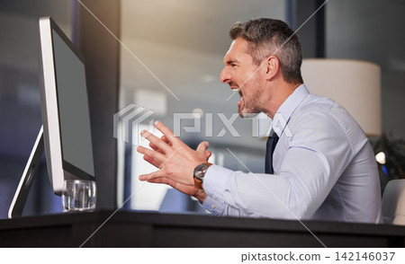 Business, man and angry with computer in office, burnout and stress for internet problem or network mistake. Employee, working and frustrated with company crisis, mad and scream for 404 error on tech Business, man and angry with computer in office, burnout and stress for internet problem or network mistake. Employee, working and frustrated with company crisis, mad and scream for 404 error on tech 142146037