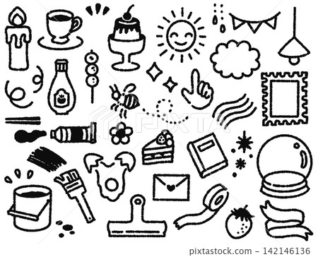 A set of cute hand-drawn icons of food, miscellaneous goods, and more. A set of cute hand-drawn icons of food, miscellaneous goods, and more. 142146136