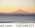 Mount Fuji, floating in a sky painted red by the sunset, creating a beautiful gradient of colors. 142146155