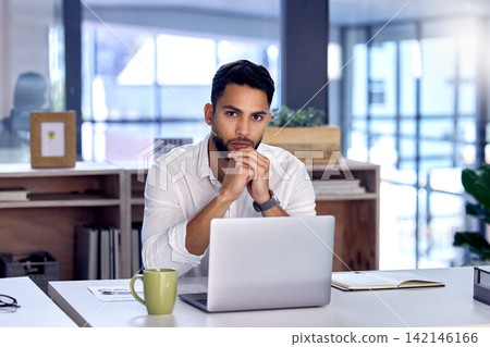 Portrait, serious and business man in office, company and male person in workplace for career in Dubai. Face, confident professional and salesman, employee and entrepreneur working on laptop for job Portrait, serious and business man in office, company and male person in workplace for career in Dubai. Face, confident professional and salesman, employee and entrepreneur working on laptop for job 142146166