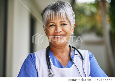 Face, woman and senior nurse with pride outdoor for healthcare, hospice and sick. Medical care, stethoscope and Portrait of mature female worker at clinic for helping elderly, smile and confidence Face, woman and senior nurse with pride outdoor for healthcare, hospice and sick. Medical care, stethoscope and Portrait of mature female worker at clinic for helping elderly, smile and confidence 142146362