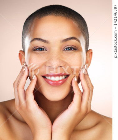 Portrait, skincare and happy woman in cosmetics for beauty, wellness and bald in studio isolated on brown background. Face, touch and young model in makeup for glow, shine and healthy dermatology Portrait, skincare and happy woman in cosmetics for beauty, wellness and bald in studio isolated on brown background. Face, touch and young model in makeup for glow, shine and healthy dermatology 142146397