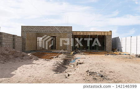 Outdoor, concrete and brick for house, building and dream home, architecture and foundation with development. Interior, site and construction for real estate, maintenance and structure with space Outdoor, concrete and brick for house, building and dream home, architecture and foundation with development. Interior, site and construction for real estate, maintenance and structure with space 142146399