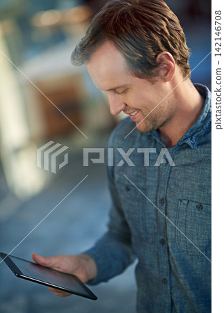 Man, tablet and worker at office for agency with ux project, digital communication and web design. Technology, startup employee and smile in modern workplace for creative company, internet and online Man, tablet and worker at office for agency with ux project, digital communication and web design. Technology, startup employee and smile in modern workplace for creative company, internet and online 142146708