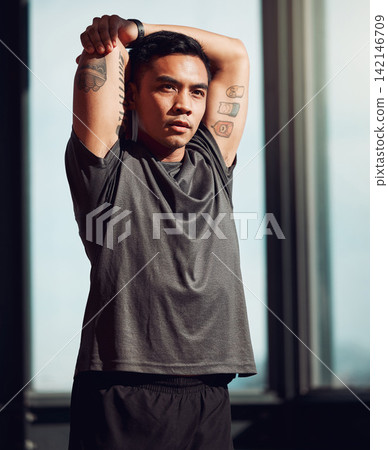 Stretching, fitness and vision of man for workout, exercise and energy for performance in sport. Body builder, Asian person and athlete at gym for wellness, training and healthy development or goal 142146709