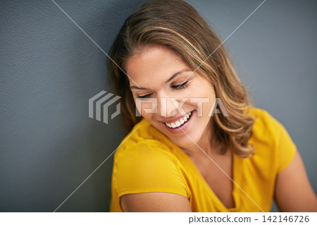 Woman, happiness and thinking on studio backdrop for relax, memory and smile on mockup space. Female person, remember and nostalgia by grey background for daydream, ideas and laughing at joke Woman, happiness and thinking on studio backdrop for relax, memory and smile on mockup space. Female person, remember and nostalgia by grey background for daydream, ideas and laughing at joke 142146726