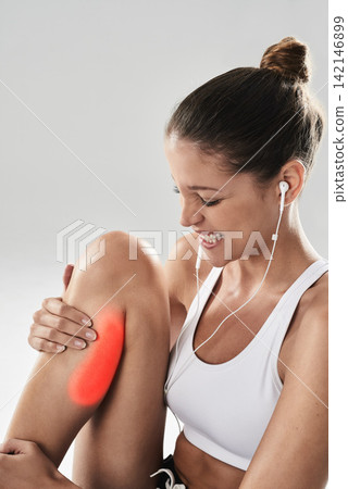 Fitness, woman and leg pain in studio with injury after running, practice or workout on gray background. Sport, exercise and person with red overlay for inflammation, calf strain or muscle tension 142146899