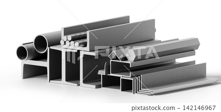 3D stack of metal profiles, steel i beams, u channels, angles, square tubes, round pipes, hexagon bar and rebar rod isolated on white. Industrial metallurgical construction materials. 3D illustration 3D stack of metal profiles, steel i beams, u channels, angles, square tubes, round pipes, hexagon bar and rebar rod isolated on white. Industrial metallurgical construction materials. 3D illustration 142146967