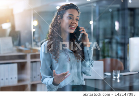 Business woman, phone call and speaking in office, networking and negotiation on deal for company. Female person, contact and feedback on planning or proposal, consulting and communication on app Business woman, phone call and speaking in office, networking and negotiation on deal for company. Female person, contact and feedback on planning or proposal, consulting and communication on app 142147093