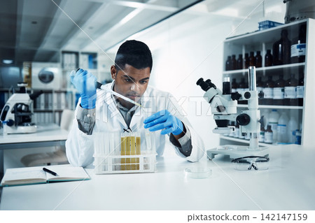 Man, vial or scientist in laboratory for science innovation, life expectancy and antiaging medicine. Futuristic, medical test and healthcare biologist with DNA chemistry in research or examination Man, vial or scientist in laboratory for science innovation, life expectancy and antiaging medicine. Futuristic, medical test and healthcare biologist with DNA chemistry in research or examination 142147159