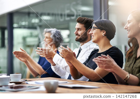 Business, people and clapping hands for success in office with group for achievement of team for celebration of partnership. Corporate, man and woman in meeting for goal of project growth or deal Business, people and clapping hands for success in office with group for achievement of team for celebration of partnership. Corporate, man and woman in meeting for goal of project growth or deal 142147268