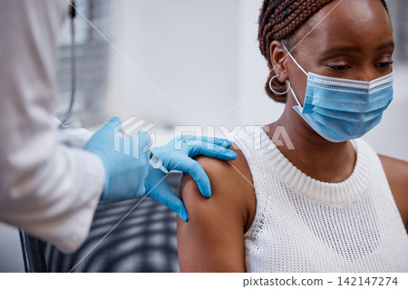 African patient, doctor or nurse and vaccine in syringe for medical healthcare and covid safety. Young woman, mask and hospital for injection or sick for wellness or virus with health expert African patient, doctor or nurse and vaccine in syringe for medical healthcare and covid safety. Young woman, mask and hospital for injection or sick for wellness or virus with health expert 142147274