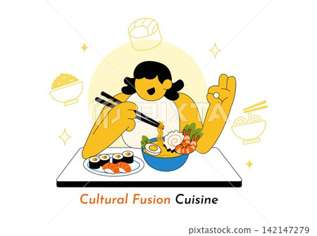 Cultural Fusion Cuisine Vector Illustration Featuring Diverse Food Traditions, Creative Dining Experience, and Global Flavors Background Cultural Fusion Cuisine Vector Illustration Featuring Diverse Food Traditions, Creative Dining Experience, and Global Flavors Background 142147279