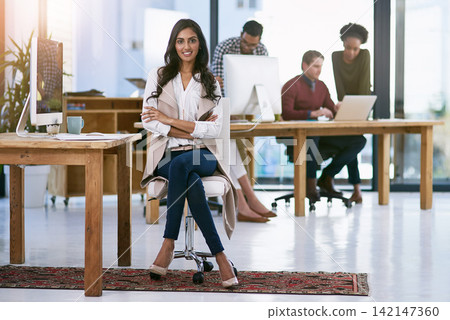Leader, woman and office with colleagues and portrait, successful and professional worker. Management, chair and meeting with employees, web designer and creative agency with business female person Leader, woman and office with colleagues and portrait, successful and professional worker. Management, chair and meeting with employees, web designer and creative agency with business female person 142147360