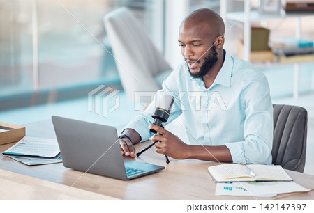 Business, podcast and microphone with laptop, black man and speaker in office, production and streaming. Podcaster, influencer and hosting of show, online and internet for corporate and advice Business, podcast and microphone with laptop, black man and speaker in office, production and streaming. Podcaster, influencer and hosting of show, online and internet for corporate and advice 142147397