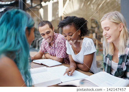 Students, friends and study outdoor at university with books, laptop and learning for education and campus. Group, gen z people and teamwork research with smile, diversity and college break by table Students, friends and study outdoor at university with books, laptop and learning for education and campus. Group, gen z people and teamwork research with smile, diversity and college break by table 142147457