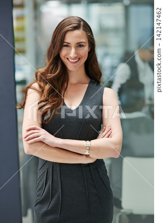 Businesswoman, office and pride with smile in portrait with arms crossed at law firm for trust. Lawyer, worker and confidence with career empowerment, job commitment and employee with happiness Businesswoman, office and pride with smile in portrait with arms crossed at law firm for trust. Lawyer, worker and confidence with career empowerment, job commitment and employee with happiness 142147462