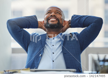 Relax, business and happy black man in office for resting after working, project deadline and productivity. Corporate lawyer, company and person at desk for peace, freedom and calm in workplace Relax, business and happy black man in office for resting after working, project deadline and productivity. Corporate lawyer, company and person at desk for peace, freedom and calm in workplace 142147495