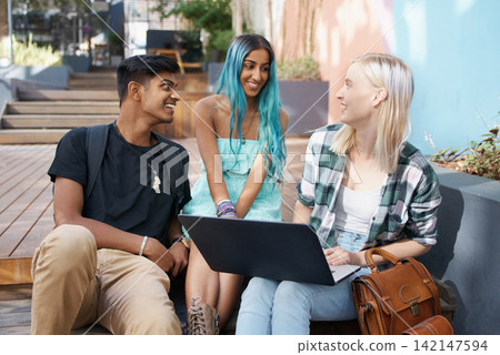University students, laptop and campus for education, learning and tuition outdoor. People, study and college youth with technology for internet, connectivity or email for schedule with diversity University students, laptop and campus for education, learning and tuition outdoor. People, study and college youth with technology for internet, connectivity or email for schedule with diversity 142147594