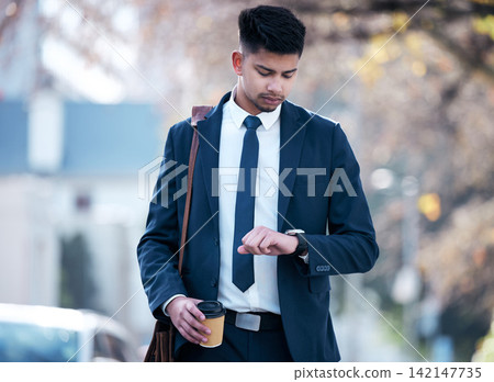 Check watch, city and business man walking for morning commute, travel and waiting for transport. Corporate, professional and person with clock for time management, schedule and appointment in town Check watch, city and business man walking for morning commute, travel and waiting for transport. Corporate, professional and person with clock for time management, schedule and appointment in town 142147735