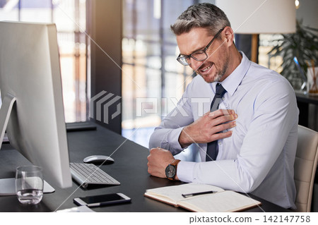 Corporate, mature man and office with chest pain for anxiety and business concern. Project manager, boss and cardiac ache or heart attack with tension or pressure with company or career growth Corporate, mature man and office with chest pain for anxiety and business concern. Project manager, boss and cardiac ache or heart attack with tension or pressure with company or career growth 142147758