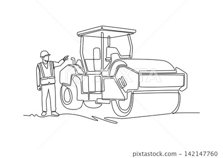 Single continuous line drawing man working as a road roller operator in safety gear pointing, conceptualizing construction, infrastructure development. One line draw graphic design vector illustration Single continuous line drawing man working as a road roller operator in safety gear pointing, conceptualizing construction, infrastructure development. One line draw graphic design vector illustration 142147760