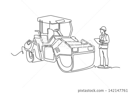Single continuous line drawing male construction inspector wearing safety helmet, vest holding clipboard while inspecting large road roller machinery. One line draw graphic design vector illustration Single continuous line drawing male construction inspector wearing safety helmet, vest holding clipboard while inspecting large road roller machinery. One line draw graphic design vector illustration 142147761