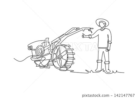 Single one line drawing male farmer wearing straw hat giving thumbs up gesture, standing next to hand cultivator tractor in agricultural field. Continuous line draw design graphic vector illustration Single one line drawing male farmer wearing straw hat giving thumbs up gesture, standing next to hand cultivator tractor in agricultural field. Continuous line draw design graphic vector illustration 142147767