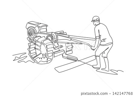 Continuous one line drawing young man operating a hand walking tractor in muddy agricultural field. Rural farming, soil cultivation, agrarian labor. Single line draw design vector graphic illustration 142147768