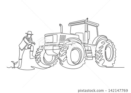 Continuous one line drawing young male farmer leaning on heavy agricultural tractor tire while looking down at growing seedling in cultivated field. Single line draw design vector graphic illustration Continuous one line drawing young male farmer leaning on heavy agricultural tractor tire while looking down at growing seedling in cultivated field. Single line draw design vector graphic illustration 142147769